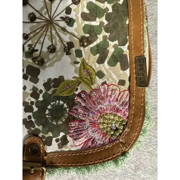 Desigual Canvas Crossbody Bag Floral Embellished Brown Leather Strap Trim Spain - Picture 13 of 16